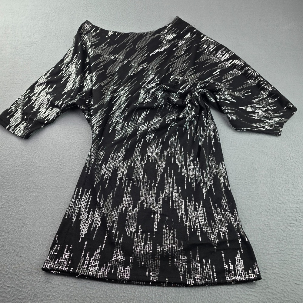 Snap Sequin Tunic Top Womens Medium Black Stretch Boat Neck Pullover Half Sleeve